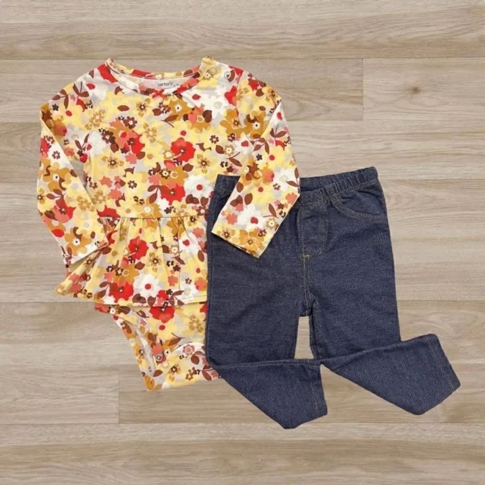 Fall Floral Baby Girl Longsleeve Peplum Bodysuit & Pant Set Size 12 months